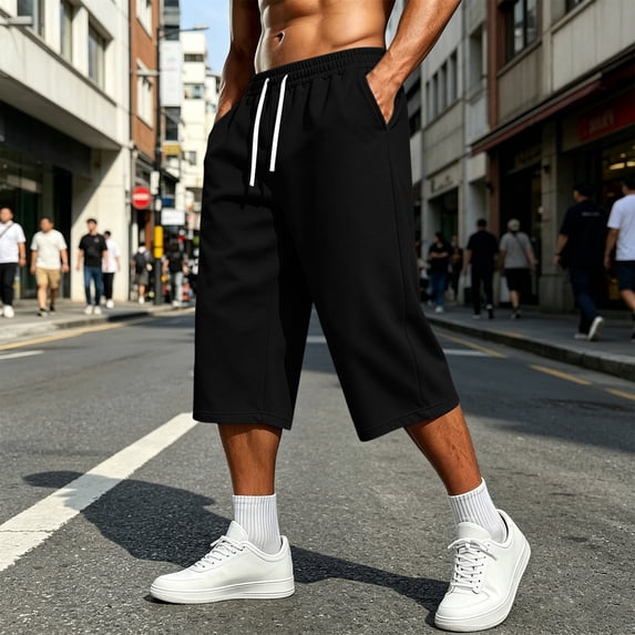 LEKWK Capri Sweatpants for Men Wide Leg Elastic Waist Casual Track Pants Lightweight Loose Fit Drawstring Wide Leg Capris Athletic Gym Lounge Outfits