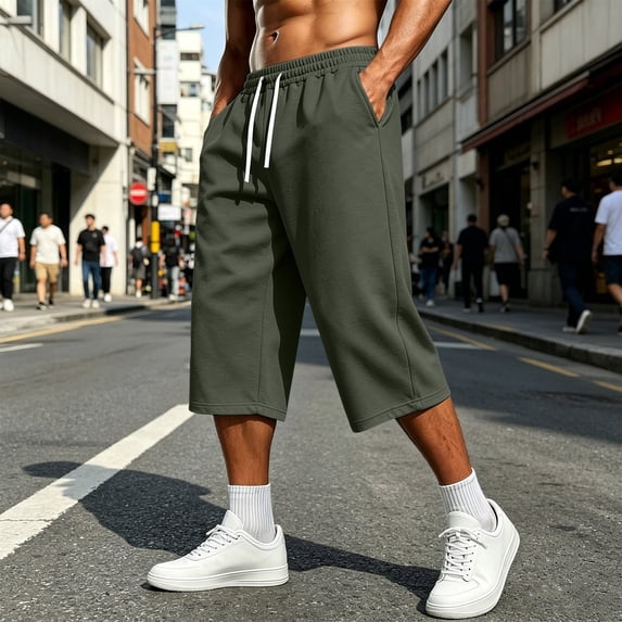 LEKWK Capri Sweatpants for Men Wide Leg Elastic Waist Casual Track Pants Lightweight Loose Fit Drawstring Wide Leg Capris Athletic Gym Lounge Outfits
