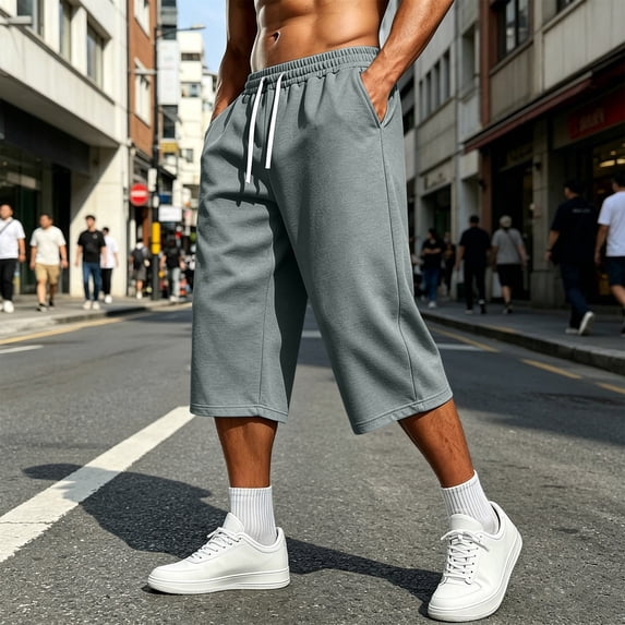 LEKWK Capri Sweatpants for Men Wide Leg Elastic Waist Casual Track Pants Lightweight Loose Fit Drawstring Wide Leg Capris Athletic Gym Lounge Outfits