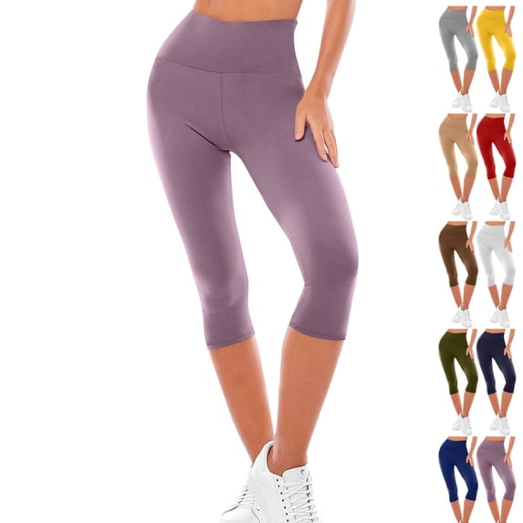 LEKWK Capri Yoga Pants for Women Solid High Waist Leggings Tummy Control Capri Leggings Soft Stretchy Athletic Leggings Gym Running Workout