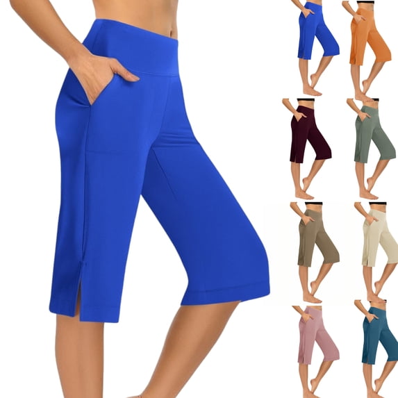 LEKWK Capri Yoga Pants for Women Wide Leg Side Pockets Loose Fit Trouser Style Yoga Pants Casual Lounge Capri Leggings Soft Summer Athletic Bottoms