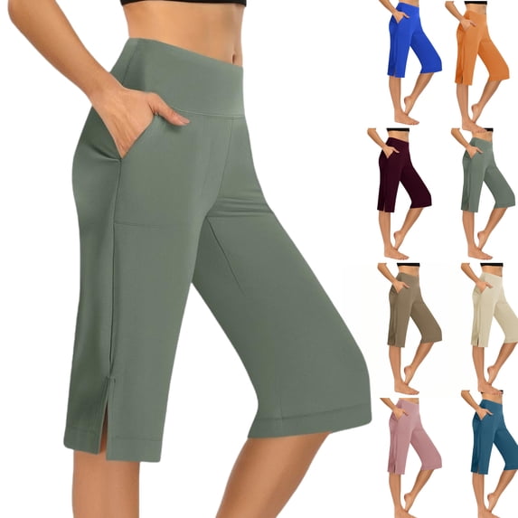 LEKWK Capri Yoga Pants for Women Wide Leg Side Pockets Loose Fit Trouser Style Yoga Pants Casual Lounge Capri Leggings Soft Summer Athletic Bottoms