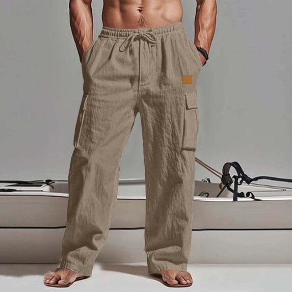 LEKWK Cargo Pants for Men Linen Multi Pockets Outdoor Elastic Waist Utility Pants Lightweight Drawstring Mid Rise Full Length Loose Straight Leg Trousers Beach Travel Wear Brown S