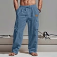 thumbnail image 1 of LEKWK Cargo Pants for Men Linen Multi Pockets Outdoor Elastic Waist Utility Pants Lightweight Drawstring Mid Rise Full Length Loose Straight Leg Trousers Beach Travel Wear Blue M, 1 of 6