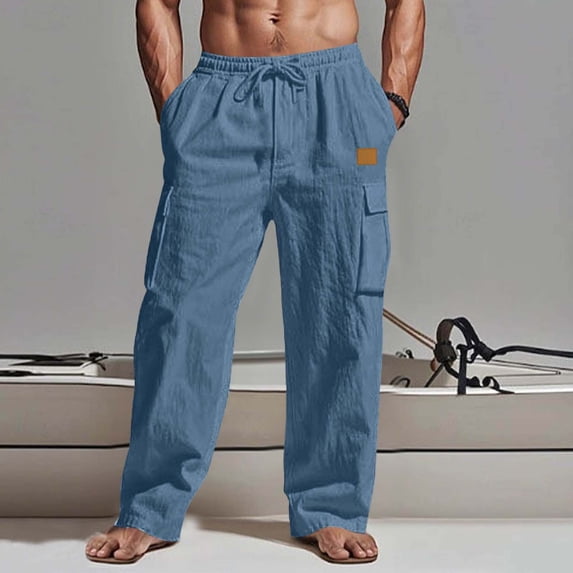LEKWK Cargo Pants for Men Linen Multi Pockets Outdoor Elastic Waist Utility Pants Lightweight Drawstring Mid Rise Full Length Loose Straight Leg Trousers Beach Travel Wear Blue M