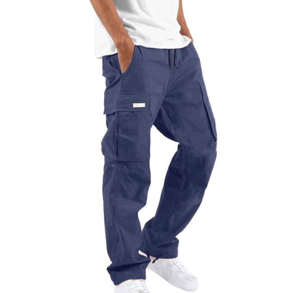 LEKWK Cargo Pants for Men Loose Fit Drawstring Waist Utility Work Pants with Side Cargo Pockets Lightweight Straight Leg for Hiking Outdoor Streetwear Navy L