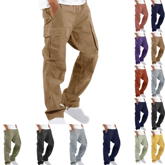 LEKWK Cargo Pants for Men Multi Pockets Baggy Drawstring Utility Pants Full Length Mid Rise Loose Fit Straight Leg Hiking Outdoor Travel Bottoms Black L