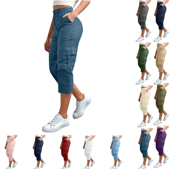 LEKWK Cargo Pants for Women Straight Leg Lightweight Cropped Capris with Cargo Pockets Mid Rise Button Waist Utility Pants Casual Hiking Travel Outdoor Bottoms Blue XXXXL
