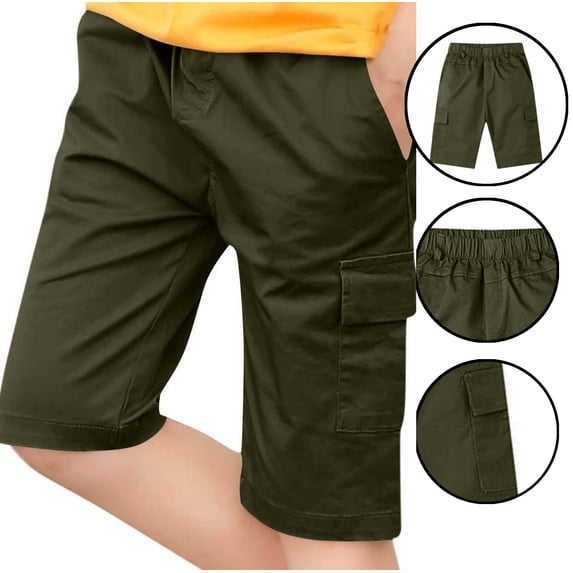 LEKWK Cargo Shorts for Boys Button Waist Knee Length Cargo Shorts with Pockets Lightweight Mid Rise Relaxed Straight Fit Utility Shorts School Hiking Summer Outdoor Wear Green 5 Years