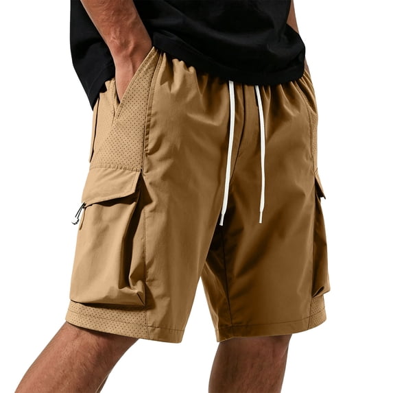 LEKWK Cargo Shorts for Men Athletic Workout Gym Shorts Quick Dry Lightweight with Multi-Pockets Elastic Waist Drawstring for Running Training Summer Activewear Brown L