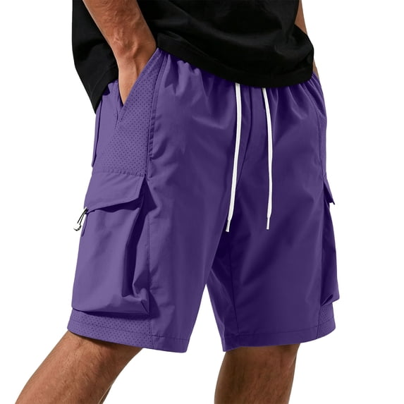 LEKWK Cargo Shorts for Men Athletic Workout Gym Shorts Quick Dry Lightweight with Multi-Pockets Elastic Waist Drawstring for Running Training Summer Activewear Purple XXXL