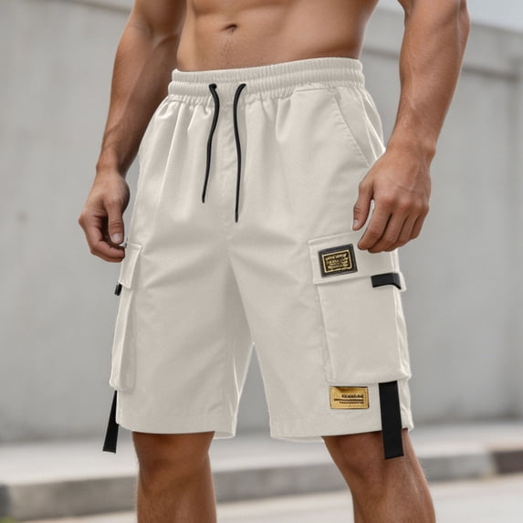 LEKWK Cargo Shorts for Men Elastic Waist Athletic Shorts Quick Dry Straight Leg Shorts Loose Fit Drawstring Short with Pockets Hiking Climbing Outdoors Bottom