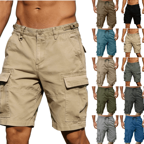 LEKWK Cargo Shorts for Men Hiking Straight Leg Bermuda Shorts Multi Pockets Durable Woven Mid Rise Button Waist Utility Shorts Outdoor Athletic Travel Work Wear Khaki 30