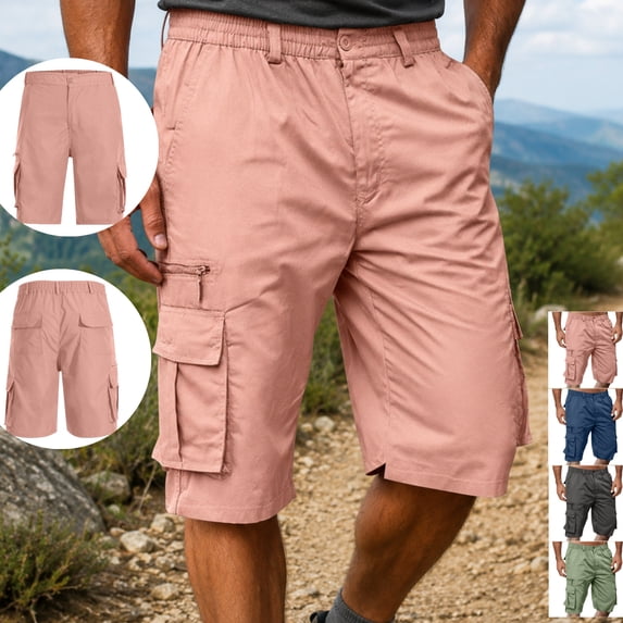LEKWK Cargo Shorts for Men Multi Pockets Lightweight Elastic Waist Button Utility Shorts Zipper Pocket Outdoor Straight Leg Bermuda Shorts Hiking Travel Bottoms Pink XXL