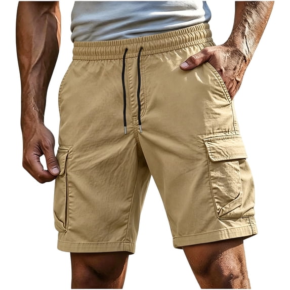 LEKWK Cargo Shorts for Men with Multiple Pockets Workout Bermuda Shorts Quick Dry Lightweight Elastic Waist Drawstring Loose Fit Hiking Shorts Outdoor Travel Wear Beige XL