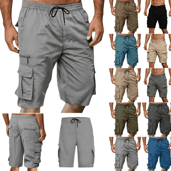 LEKWK Cargo Shorts for Men Zipper Pocket Lightweight Outdoor Mid Rise Elastic Waist Drawstring Utility Shorts Straight Leg Bermuda Shorts Work Travel Wear Gray L