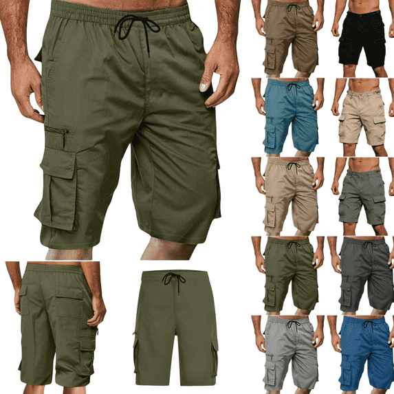 LEKWK Cargo Shorts for Men Zipper Pocket Lightweight Outdoor Mid Rise Elastic Waist Drawstring Utility Shorts Straight Leg Bermuda Shorts Work Travel Wear Army Green L