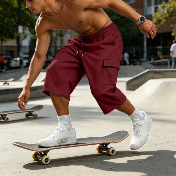LEKWK Cargo Shorts for Men Elastic Waist Drawstring Short with Flap Pockets Lightweight Breathable Relaxed Fit Casual Summer Outdoor Wear Wine XL