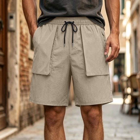 LEKWK Cargo Shorts for Men Elastic Waist Drawstring Short with Large Flap Pockets Quick Dry Lightweight Activewear for Gym Workout Hiking Khaki L
