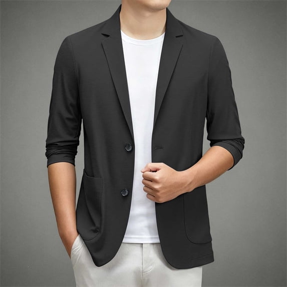 LEKWK Casual Blazer Jacket for Men Two Button Lightweight Sport Coat Classic Fit Long Sleeve Notched Lapel Business Work Suit Jacket Black M
