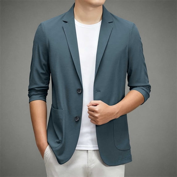 LEKWK Casual Blazer Jacket for Men Two Button Lightweight Sport Coat Classic Fit Long Sleeve Notched Lapel Business Work Suit Jacket Light Blue L