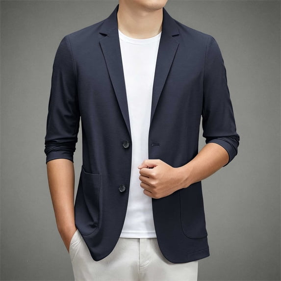 LEKWK Casual Blazer Jacket for Men Two Button Lightweight Sport Coat Classic Fit Long Sleeve Notched Lapel Business Work Suit Jacket Navy M