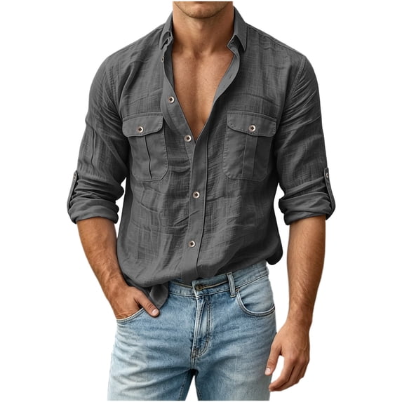 LEKWK Casual Button Down Shirts for men Long Sleeve Roll-up Sleeve Tops with Button Flap Pockets Classic Fit Lightweight Cotton Linen Feel for Work Safari Outdoor Dark Gray M