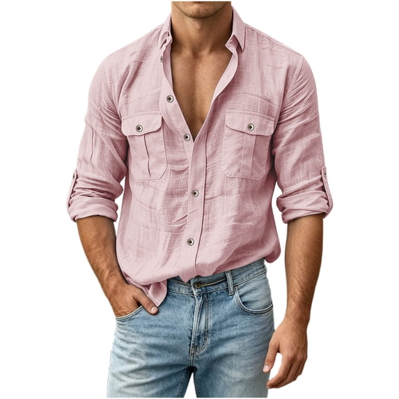 LEKWK Casual Button Down Shirts for men Long Sleeve Roll-up Sleeve Tops with Button Flap Pockets Classic Fit Lightweight Cotton Linen Feel for Work Safari Outdoor Pink XXL