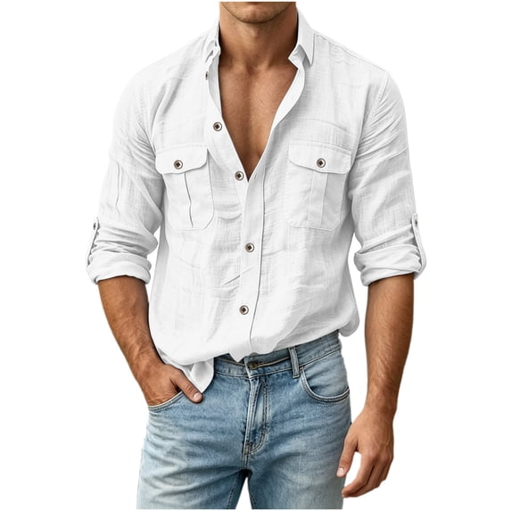 LEKWK Casual Button Down Shirts for men Long Sleeve Roll-up Sleeve Tops with Button Flap Pockets Classic Fit Lightweight Cotton Linen Feel for Work Safari Outdoor White M