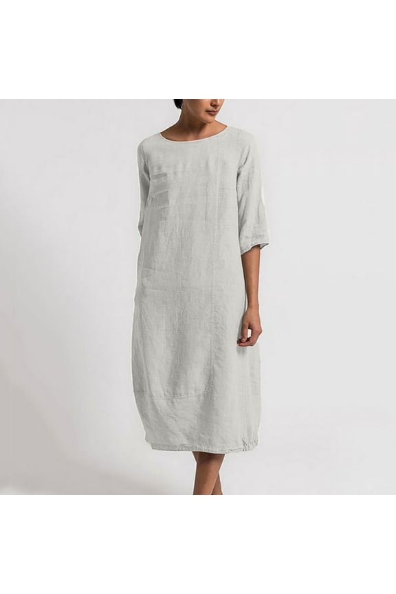 Casual Dresses for Women 3/4 Sleeve Round Neck Midi Dress Loose Fit Oversized Shift Tunic Dress Cotton Linen Dress Minimalist Everyday Wear