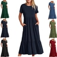thumbnail image 1 of LEKWK Casual Dresses for Women Short Sleeve Crew Neck Midi Dress Tiered Dress Pockets Loose Fit Summer Dresses Smocked Waist A Line Daily Wear, 1 of 6