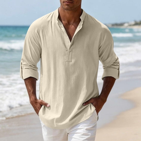 LEKWK Casual Henley Shirts for men Long Sleeve Cotton Linen Band Collar Button Down Beach Tops Lightweight Summer Vacation Pullover Regular Fit Daily Lounge Wear Beige XXXXL