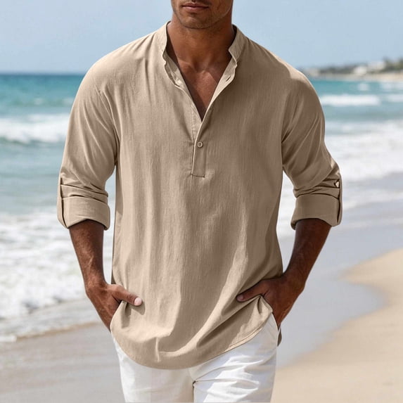 LEKWK Casual Henley Shirts for men Long Sleeve Cotton Linen Band Collar Button Down Beach Tops Lightweight Summer Vacation Pullover Regular Fit Daily Lounge Wear Khaki S
