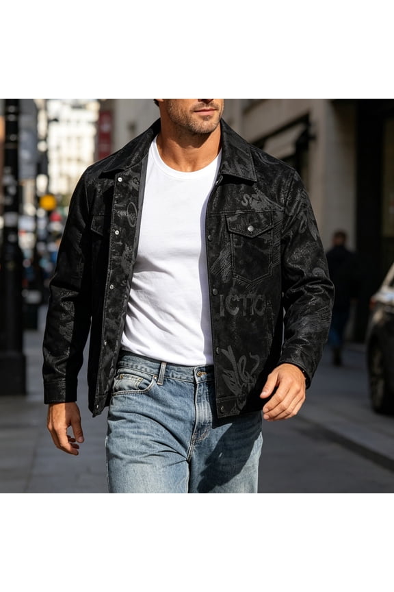 Casual Shacket Jackets for Men Long Sleeve Button Down Faux Suede Shirts Slim Fit Patterned Outerwear Coats for Fall Winter Western Style Street Fashion Black L