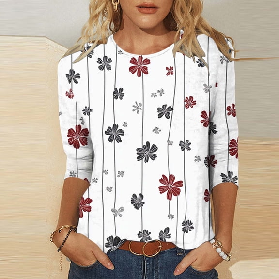 LEKWK Christmas 3/4 Sleeve Tops for Women Plus Size Funny Holiday Xmas Graphic Shirts Crewneck Dressy Casual Blouses Going Out T Shirt Fashion Family Party Outfits