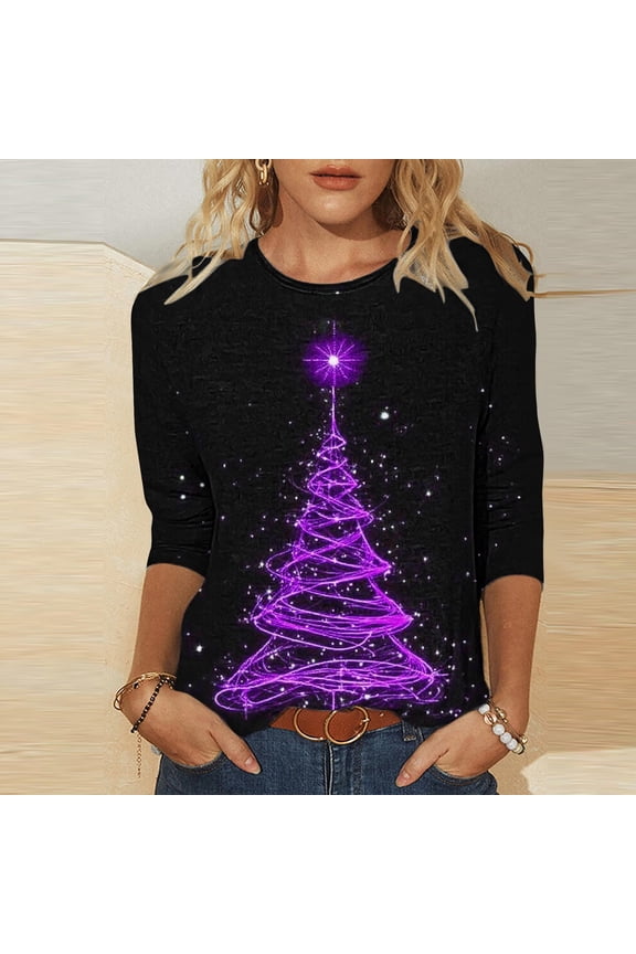 Christmas Dressy Top Women Xmas Santa Crew Neck 3/4 Sleeve Tshirts Womens 3/4 Sleeve Tops Trendy Womens Dressy Christmas Tops