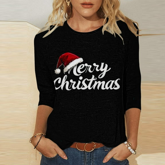 LEKWK Christmas Graphic Tshirts for Women Xmas Tree Crew Neck 3/4 Sleeve Tops Christmas Graphic Women's Tees Fashion Mama Shirts for Women