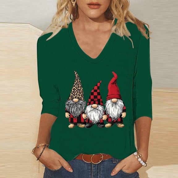 LEKWK Christmas Shirt Plus Size Women Xmas Tree V Neck 3/4 Sleeve Tops Christmas Tshirts Shirts for Women Graphic Plus Size Christmas T Shirts for Women