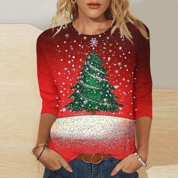 LEKWK Christmas Shirts for Women Dressy Xmas Tree Crew Neck 3/4 Sleeve Tops Teacher Shirts for Women Holiday Snowflake Shirts for Women
