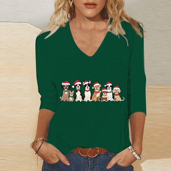 LEKWK Christmas Tshirts Women Plus Size Xmas Tree V Neck 3/4 Sleeve Tops Party Tops for Women Workout Dressy Christmas Shirts for Women