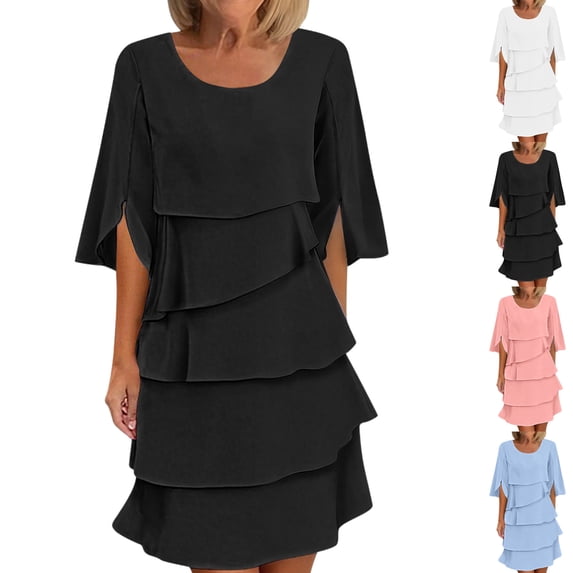 LEKWK Cocktail Dresses for Women Elegant Round Neck Layered Mini Dress Wedding Guest 3/4 Sleeve Tiered Dress Chiffon Flowy Party Evening outfits