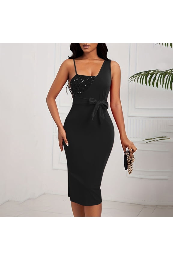 Cocktail Dresses for Women One Shoulder Sequin Dress with Belt Sleeveless Bodycon Fitted Midi Dress Party Prom Night Wear
