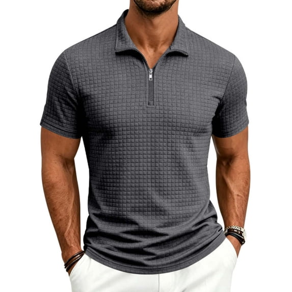 LEKWK Collared Shirts for Men Short Sleeve Quarter Zip Waffle Knit Golf Top Casual Lightweight Breathable Athletic Shirt for Tennis Business Work Summer Wear