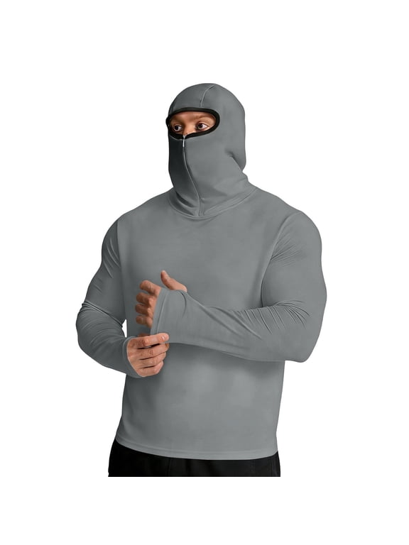 Compression Undershirts for Men Tight Fit Balaclava Hoodies Pullover Face Cover Mask Thermal Shirts Stretchy Thumb Hole Winter Skiing Snowboarding