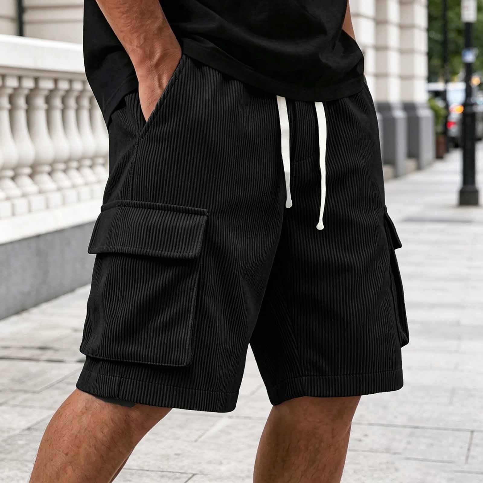 LEKWK Corduroy Cargo Shorts for Men Relaxed Fit Knee Length Casual