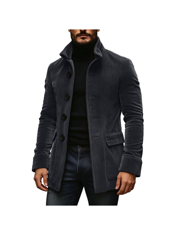 Corduroy Jacket for Men Button up Stand Collar Coat with Flap Pockets Soft Warm Long Sleeve Regular Fit Outerwear for Casual Work Travel Outdoor Fall Winter Gray S