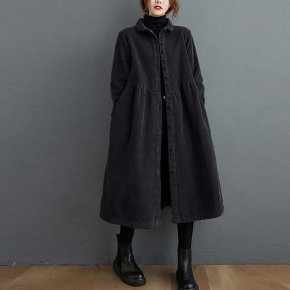LEKWK Corduroy Long Coats for Women Fleece Lined Button Down Oversized Winter Jackets Thick Long Sleeve Collared Plus Size Coat