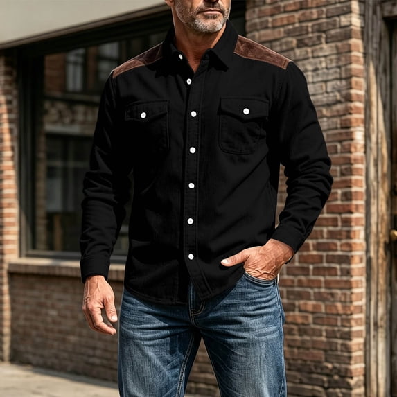 LEKWK Corduroy Shirt for Men Long Sleeve Button Down Collared Casual Work Shirt with Chest Pockets Classic Fit Heavyweight Top for Fall Winter Black XXL