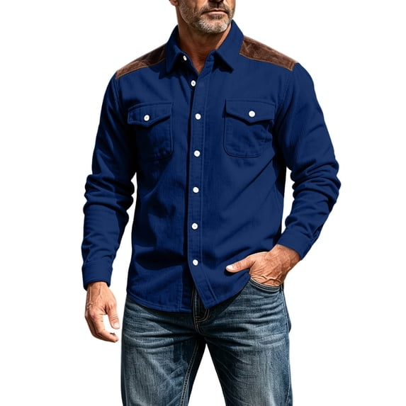 LEKWK Corduroy Shirt for Men Long Sleeve Button Down Collared Casual Work Shirt with Chest Pockets Classic Fit Heavyweight Top for Fall Winter Blue M