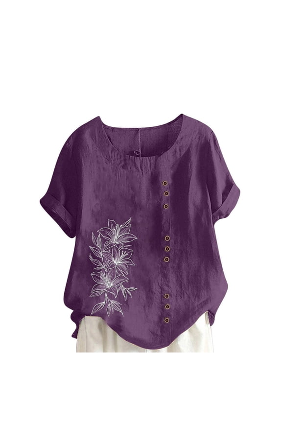 Cotton And Linen Tops for Women Lily Floral Print O-Neck Short Sleeve Tops Casual Tops Basic Tees Botanical Graphic Side Button Street Wear
